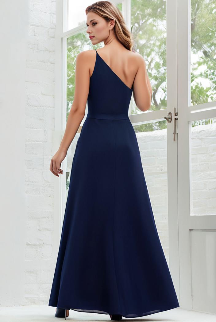 flowy chiffon one shoulder with three straps bridesmaid dress 137407