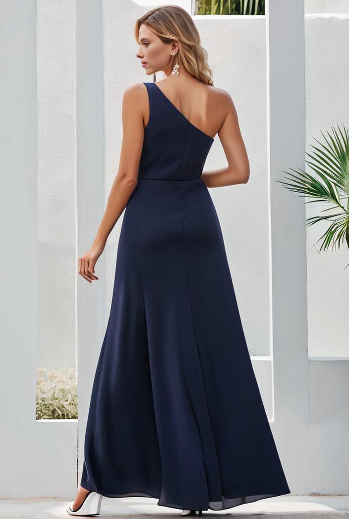 flowy chiffon one shoulder with three straps bridesmaid dress 137409