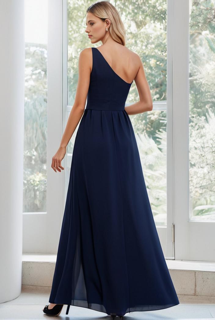 flowy chiffon one shoulder with three straps bridesmaid dress 137412