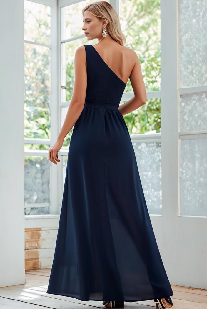flowy chiffon one shoulder with three straps bridesmaid dress 137413