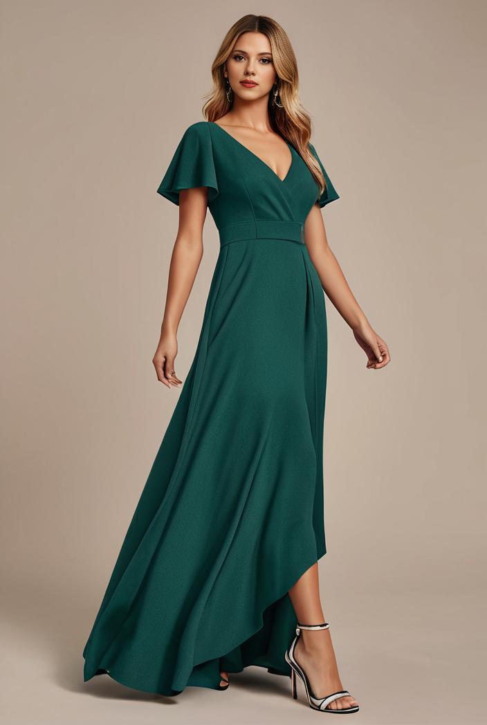 glitter high low front side slit ruffled v neck evening dress 137682