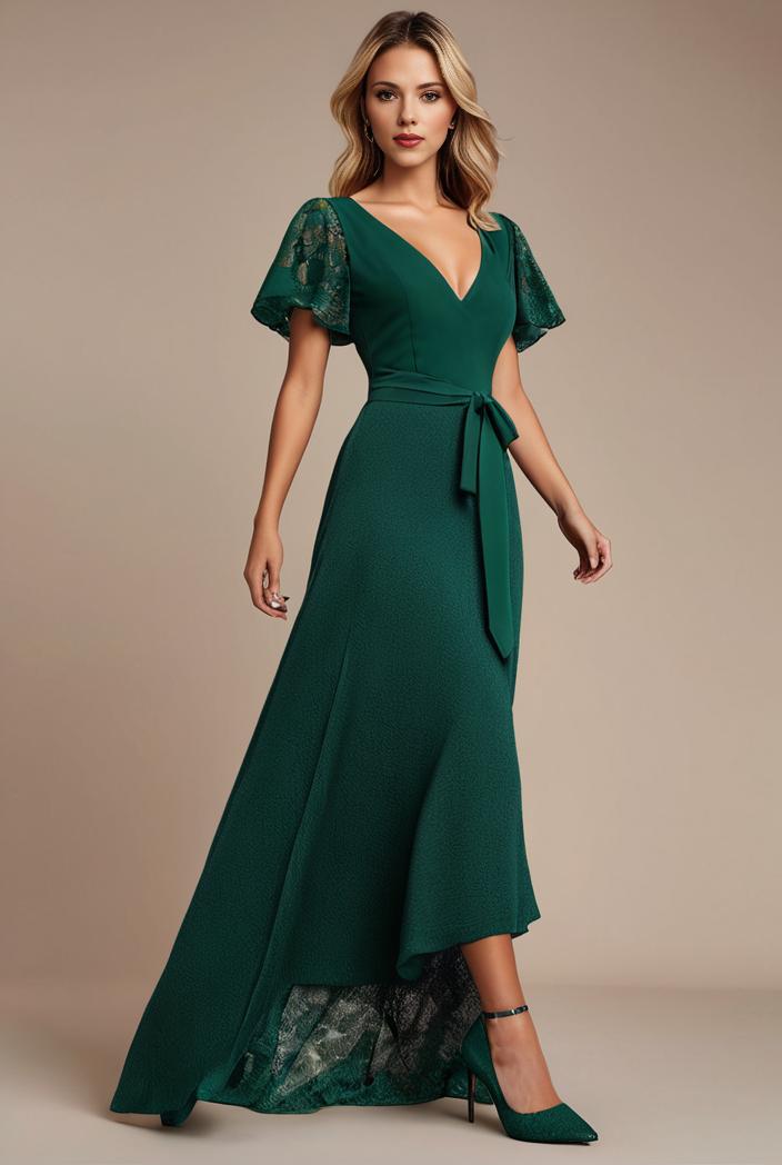 glitter high low front side slit ruffled v neck evening dress 137683