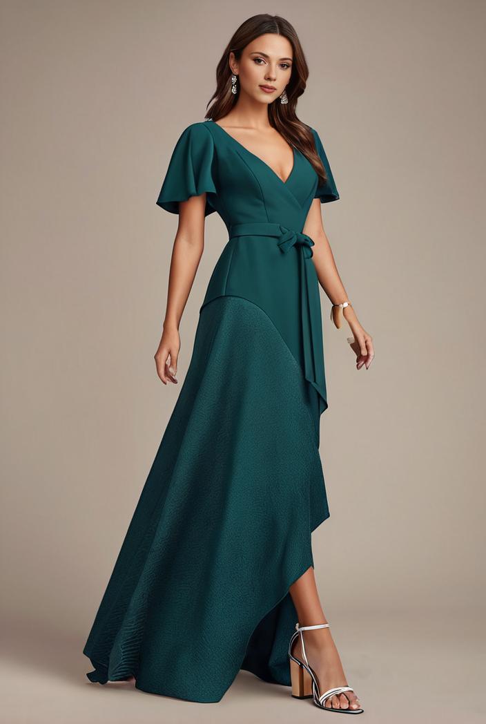 glitter high low front side slit ruffled v neck evening dress 137696
