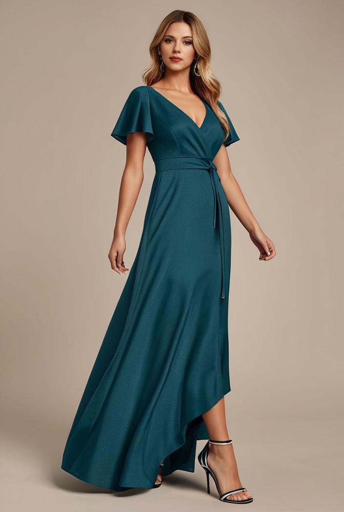 glitter high low front side slit ruffled v neck evening dress 137700