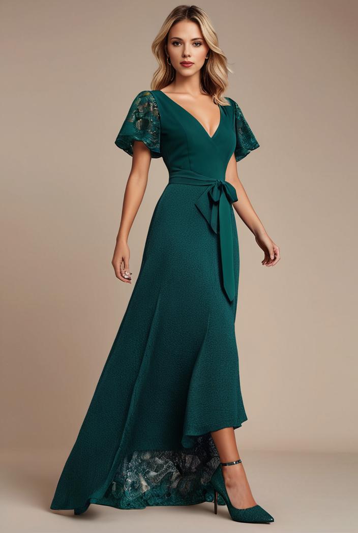 glitter high low front side slit ruffled v neck evening dress 137697
