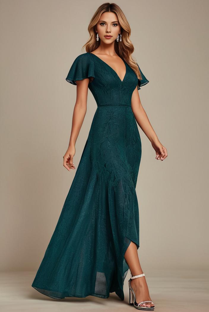 glitter high low front side slit ruffled v neck evening dress 137698