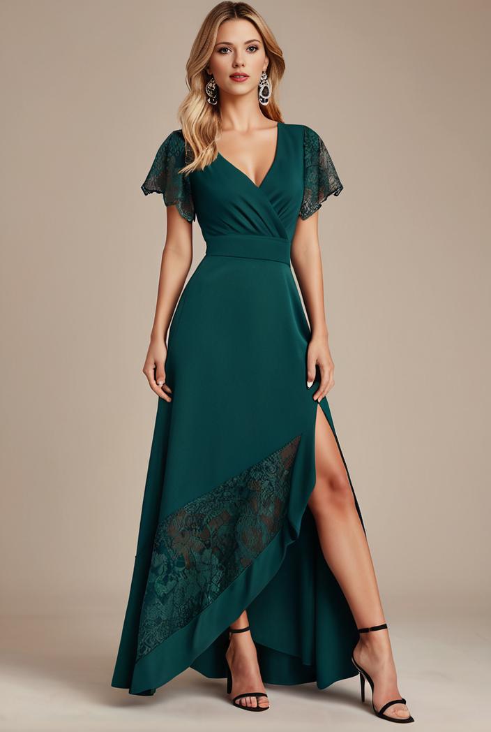 glitter high low front side slit ruffled v neck evening dress 137719