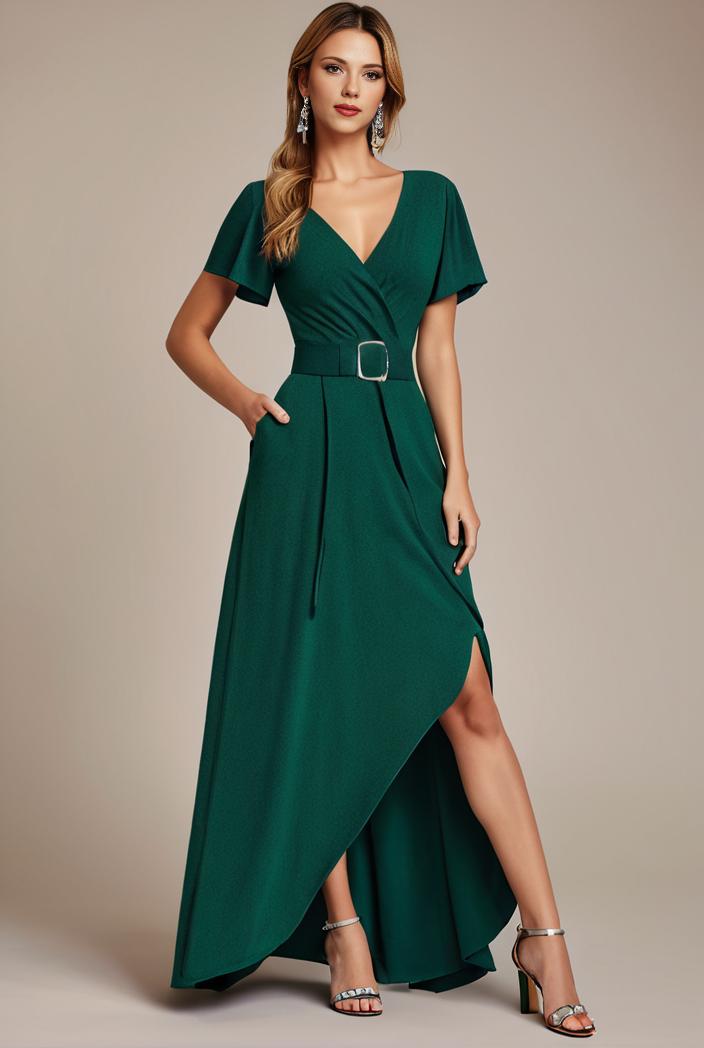 glitter high low front side slit ruffled v neck evening dress 137722