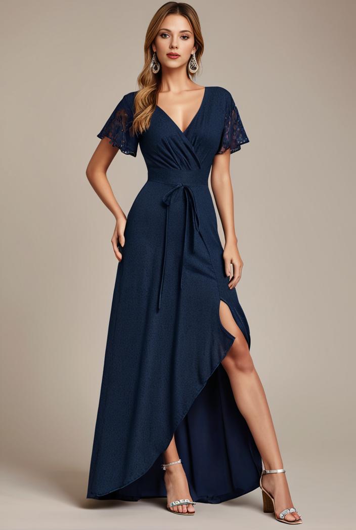 glitter high low front side slit ruffled v neck evening dress 137729