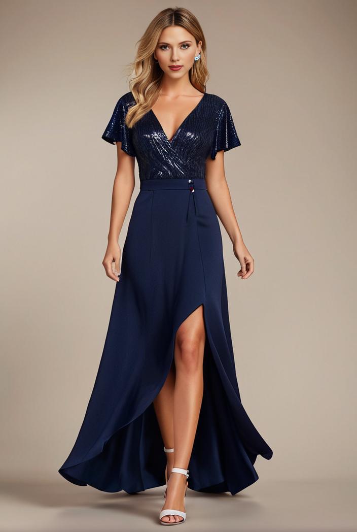 glitter high low front side slit ruffled v neck evening dress 137741