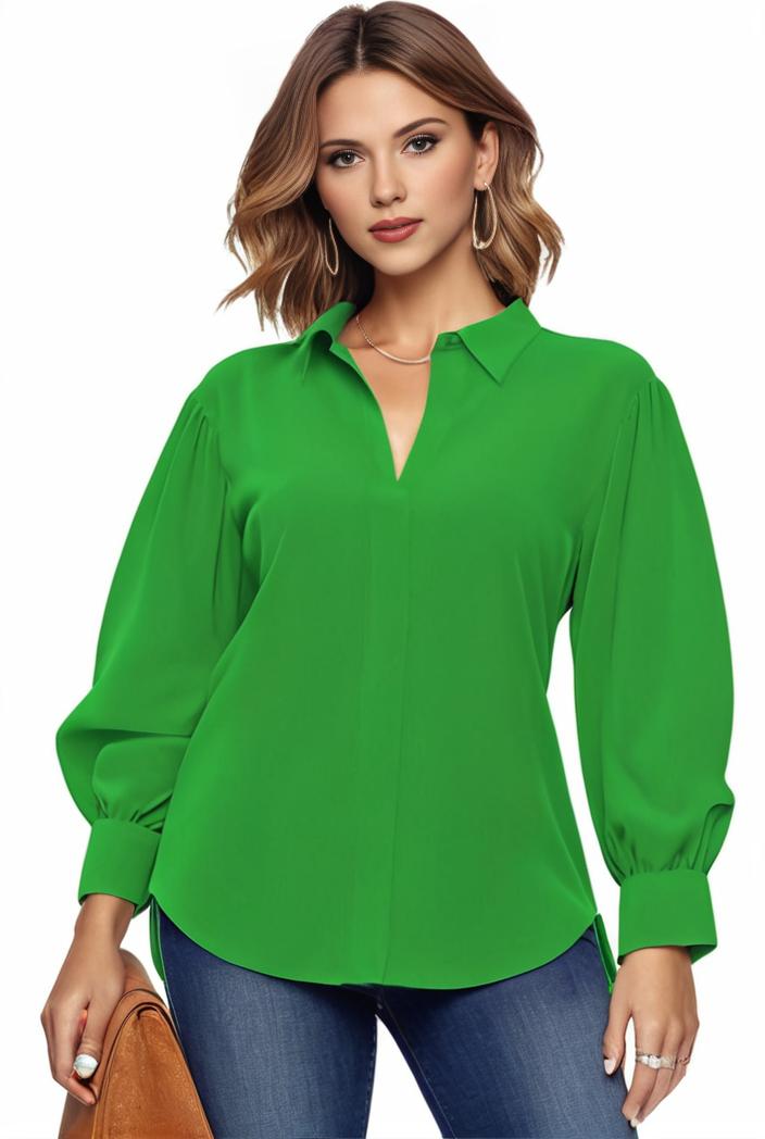 plus size casual blouse women s plus solid button up lantern sleeve turn down collar nipped waist blouse 143738