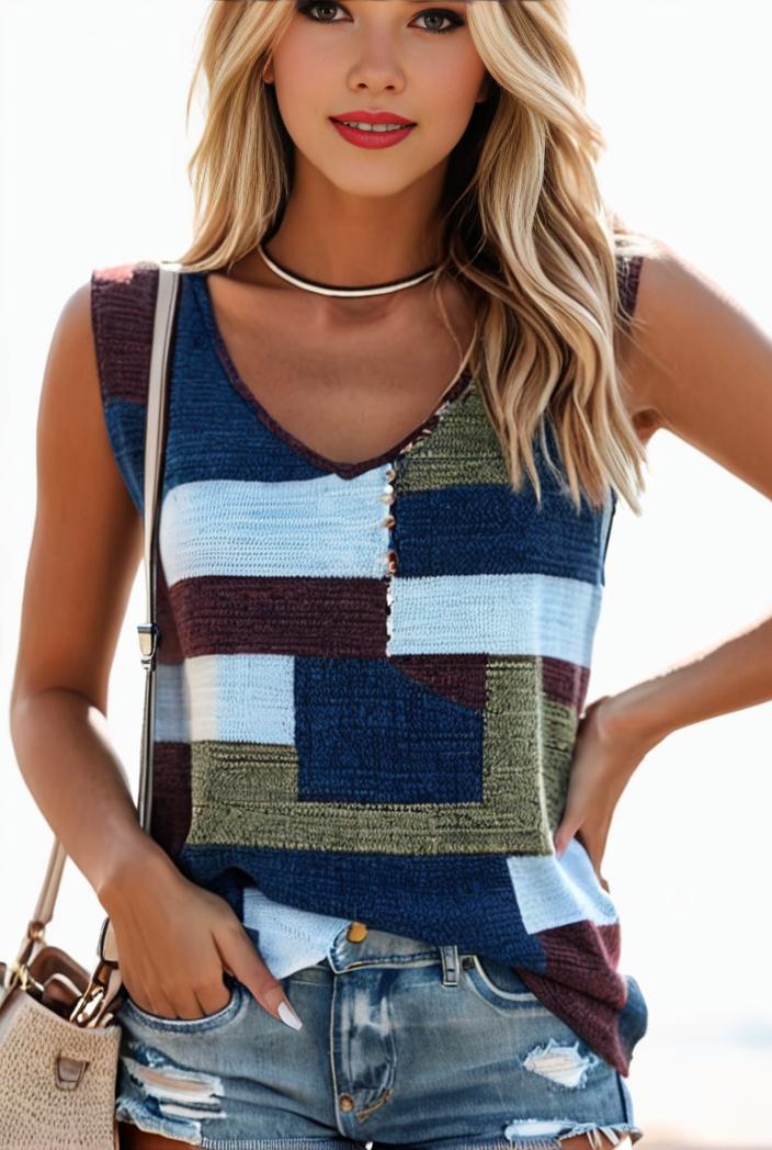 plus size casual tank top women s plus patchwork print medium stretch henley tank top 144424