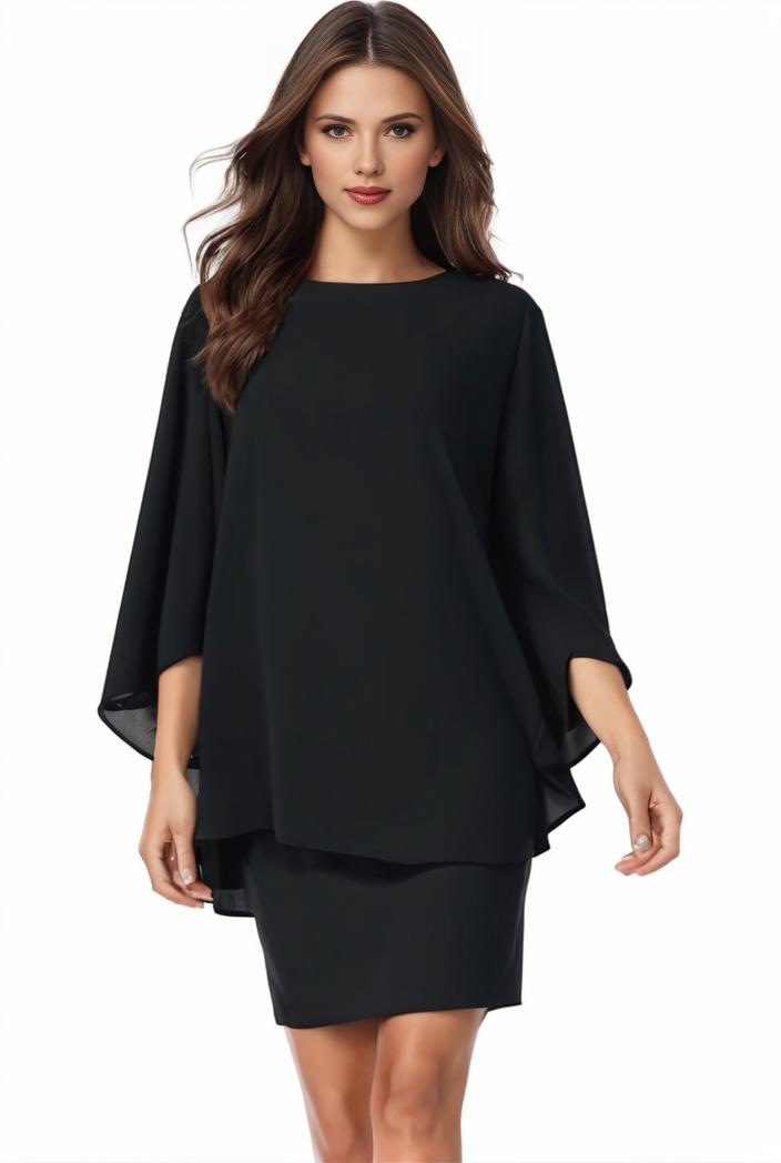 plus size solid round neck 3 4 sleeve cape midi dress women s plus elegant slight stretch cape midi dress 148631