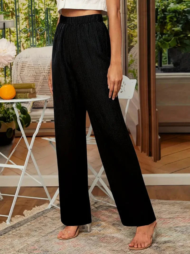 Straight Leg Elastic Waist Pants: Stylish Loose Fit Solid Textured Trousers Ideal for Spring & Autumn, Women's Apparel
