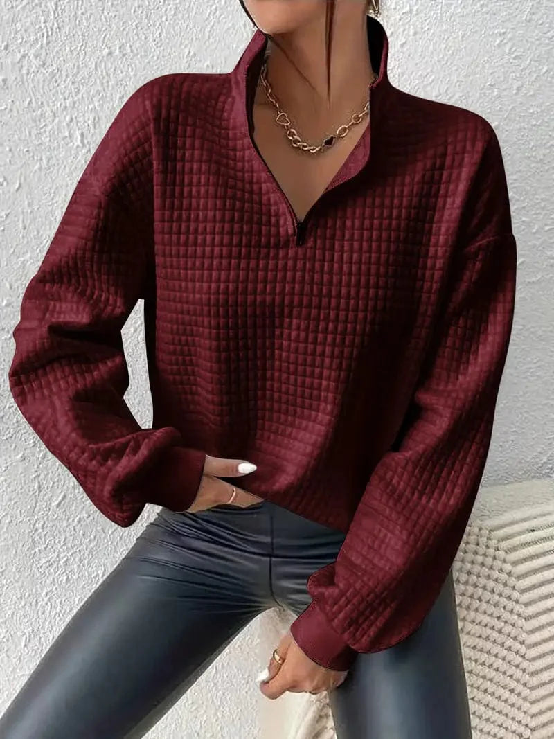 Waffle Grid Quarter Zip Pullover - Stylish Women's Fall & Winter Sweatshirt