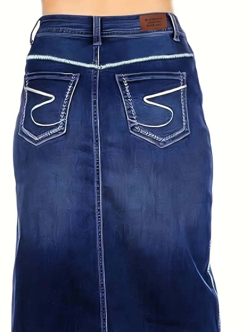 High Waist Blue Denim Midi Skirt with Slant Pockets for Women