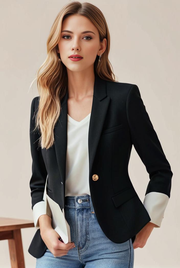 ladies solid button up blazer with long sleeves casual lapel design 108209