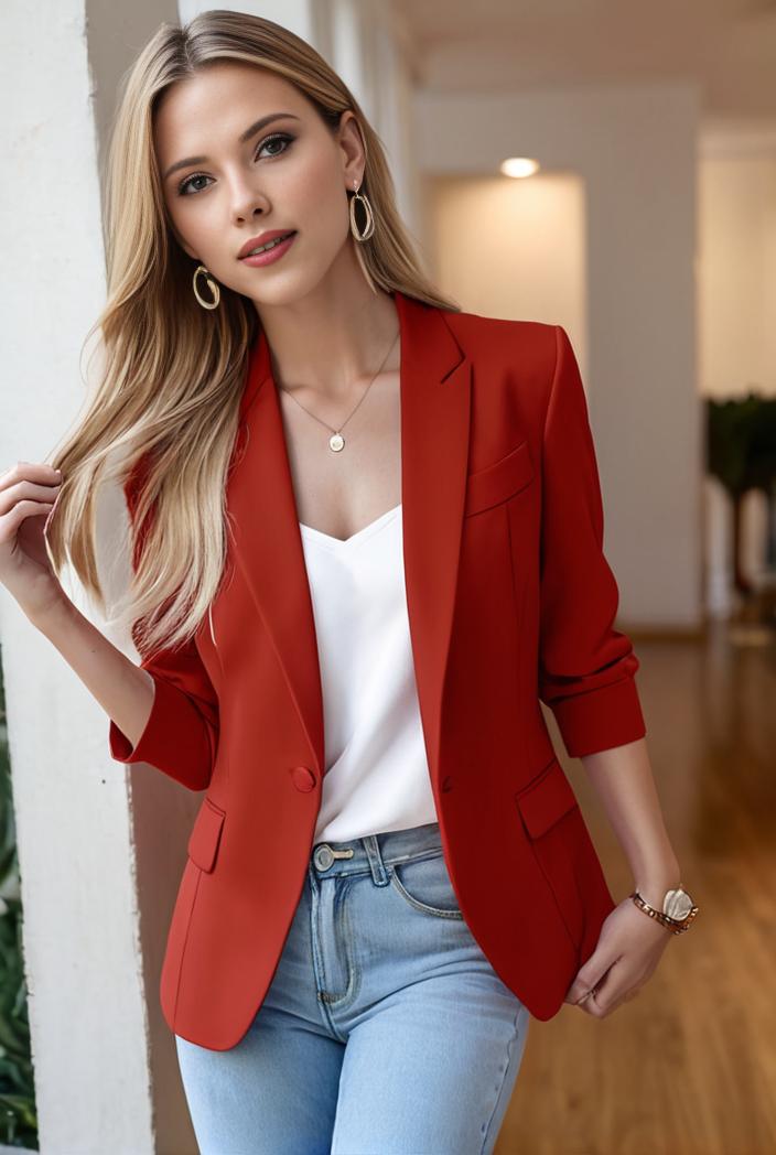 ladies solid button up blazer with long sleeves casual lapel design 108219