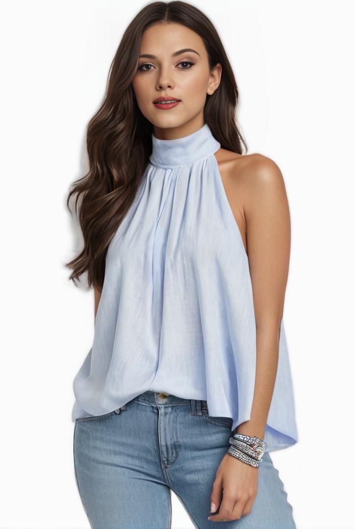 mock neck ruched ruffles sleeveless casual top 134936