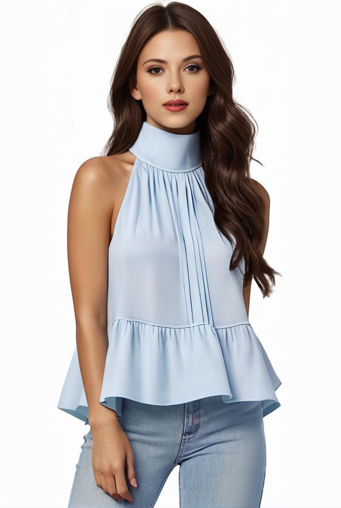 mock neck ruched ruffles sleeveless casual top 134941