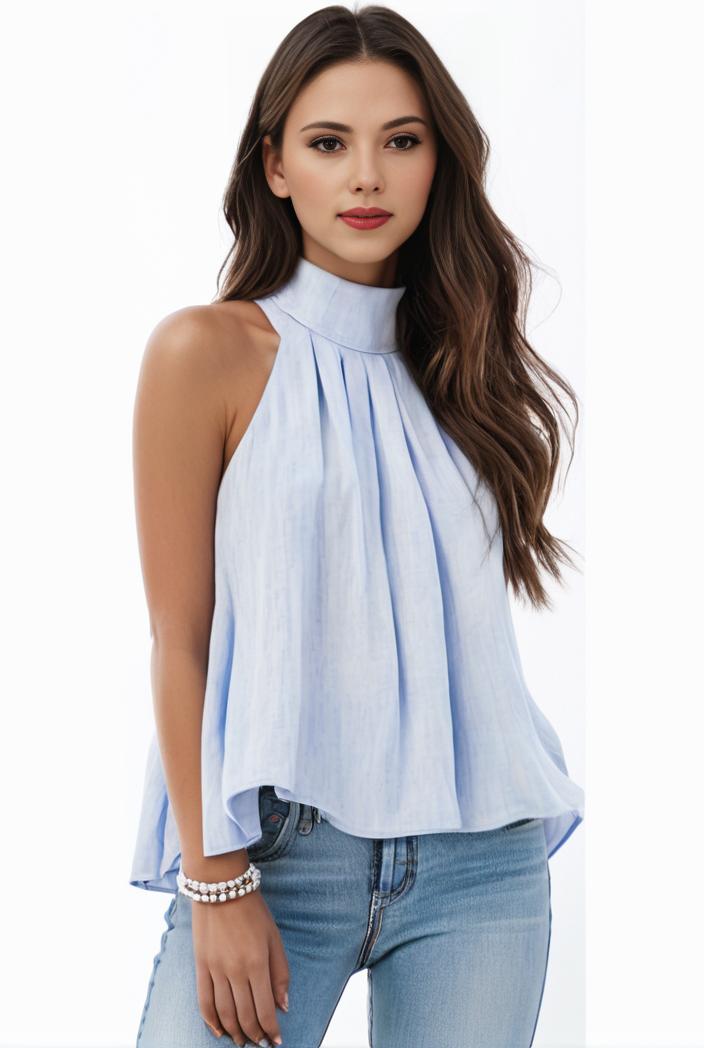 mock neck ruched ruffles sleeveless casual top 134943