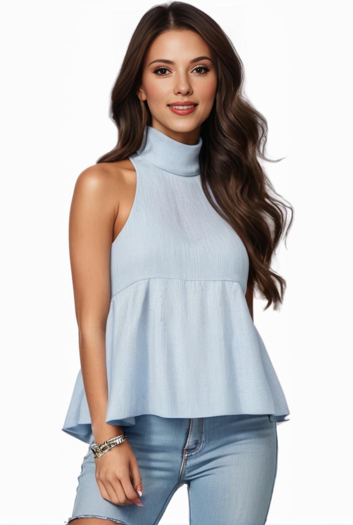 mock neck ruched ruffles sleeveless casual top 134947