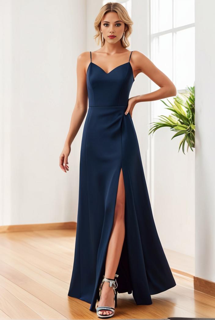 pleated v neck spaghetti strap high slit bridesmaid dress 137373