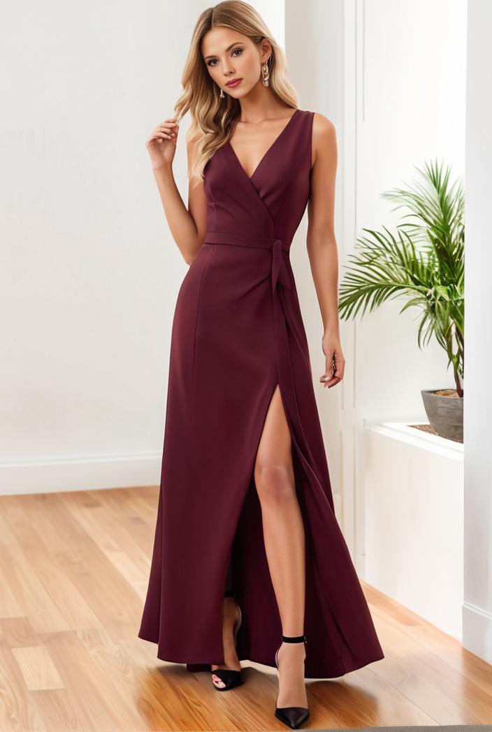 pleated v neck spaghetti strap high slit bridesmaid dress 137390