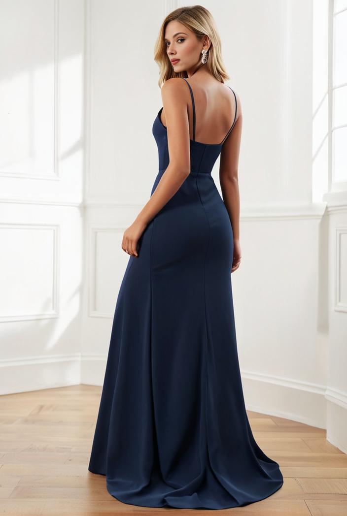 pleated v neck spaghetti strap high slit bridesmaid dress 137399