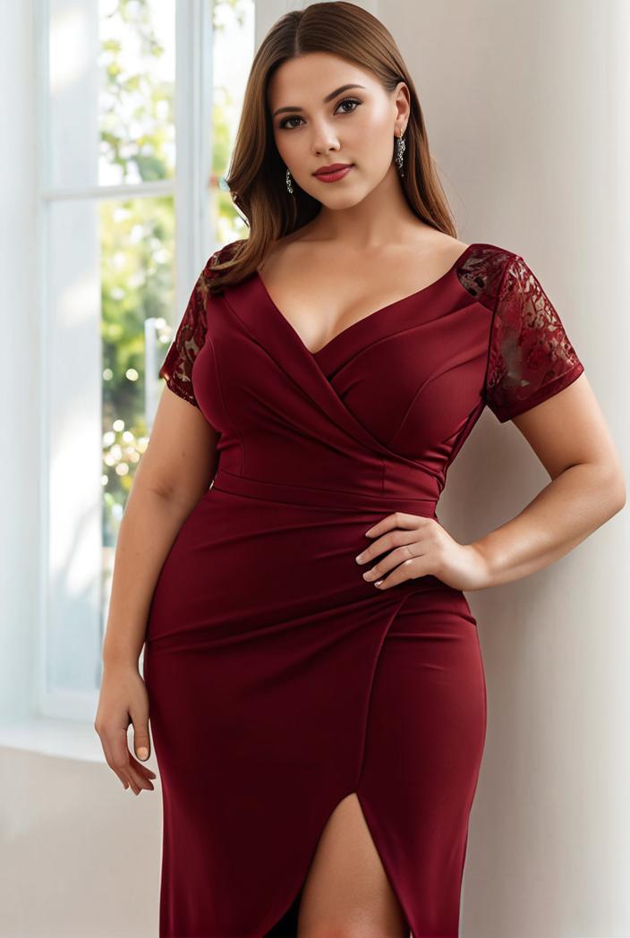 plus size front slit short sleeve with sequin mother of the bride dress 140144