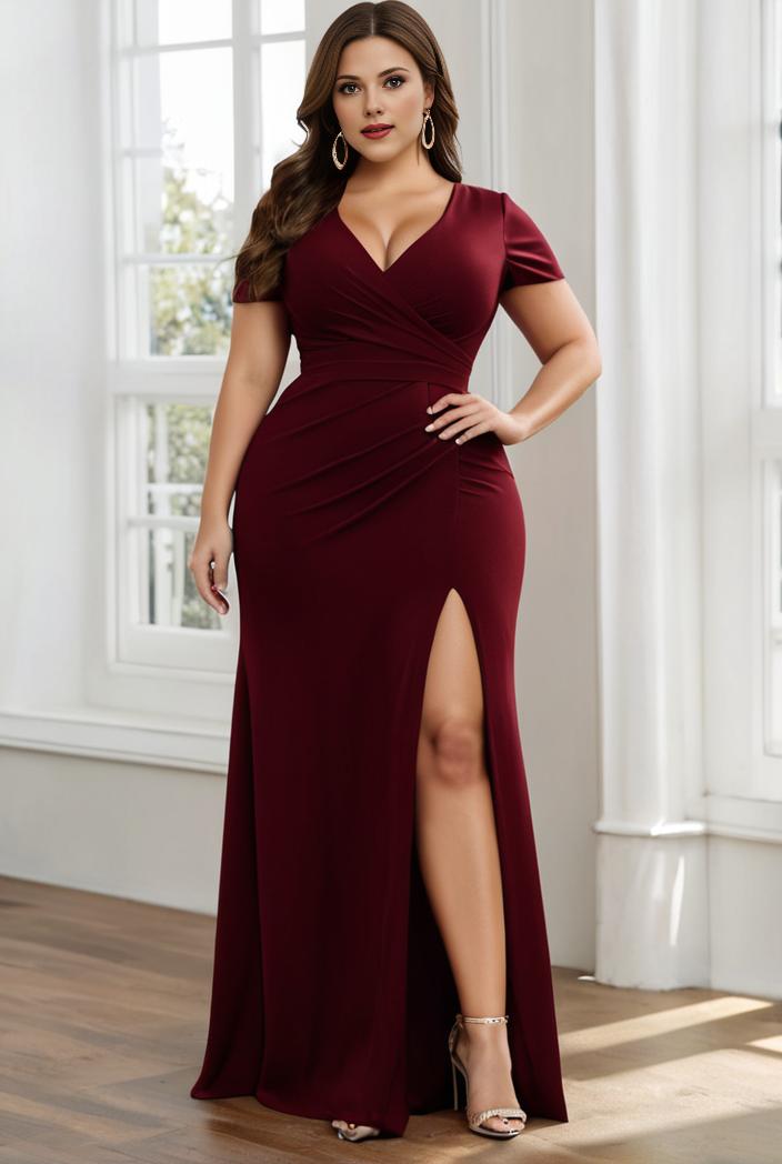 plus size front slit short sleeve with sequin mother of the bride dress 140148
