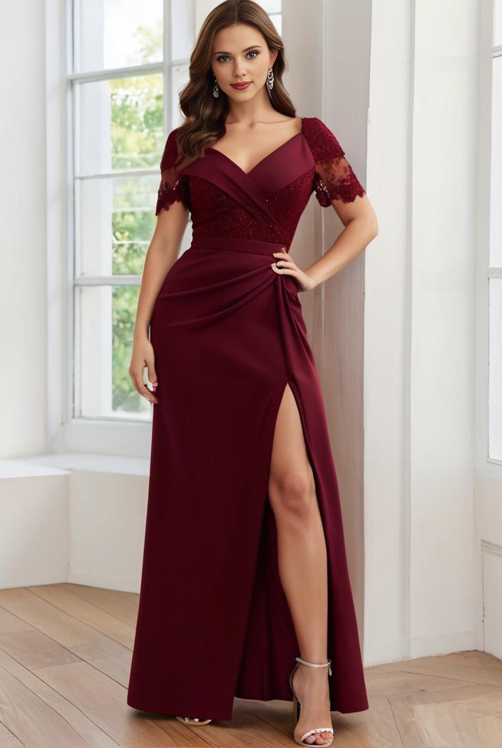 plus size front slit short sleeve with sequin mother of the bride dress 140149