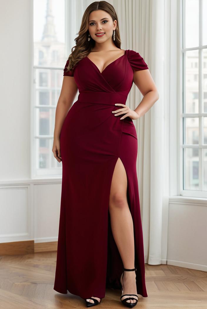 plus size front slit short sleeve with sequin mother of the bride dress 140153