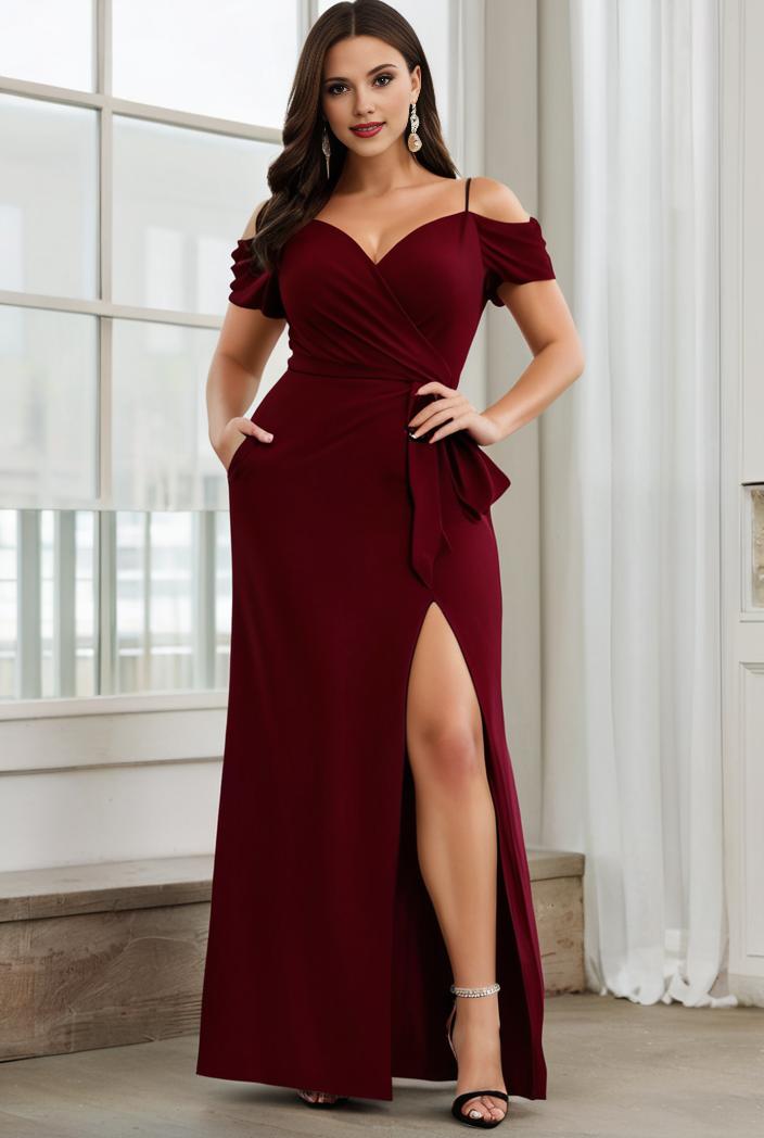 plus size front slit short sleeve with sequin mother of the bride dress 140155