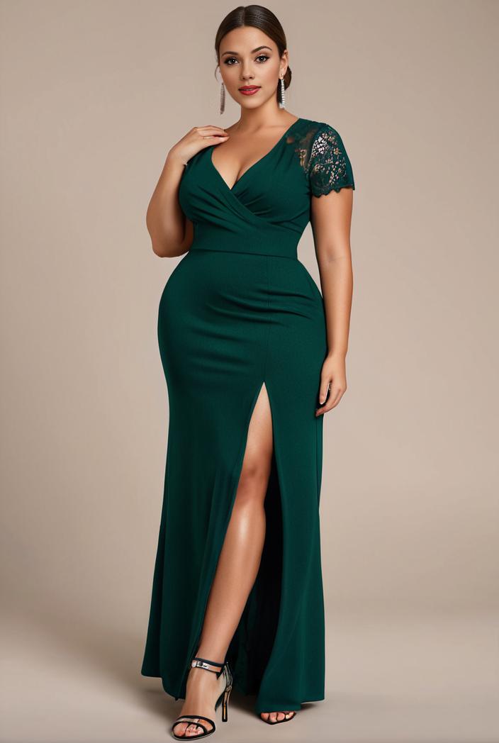 plus size front slit short sleeve with sequin mother of the bride dress 140156