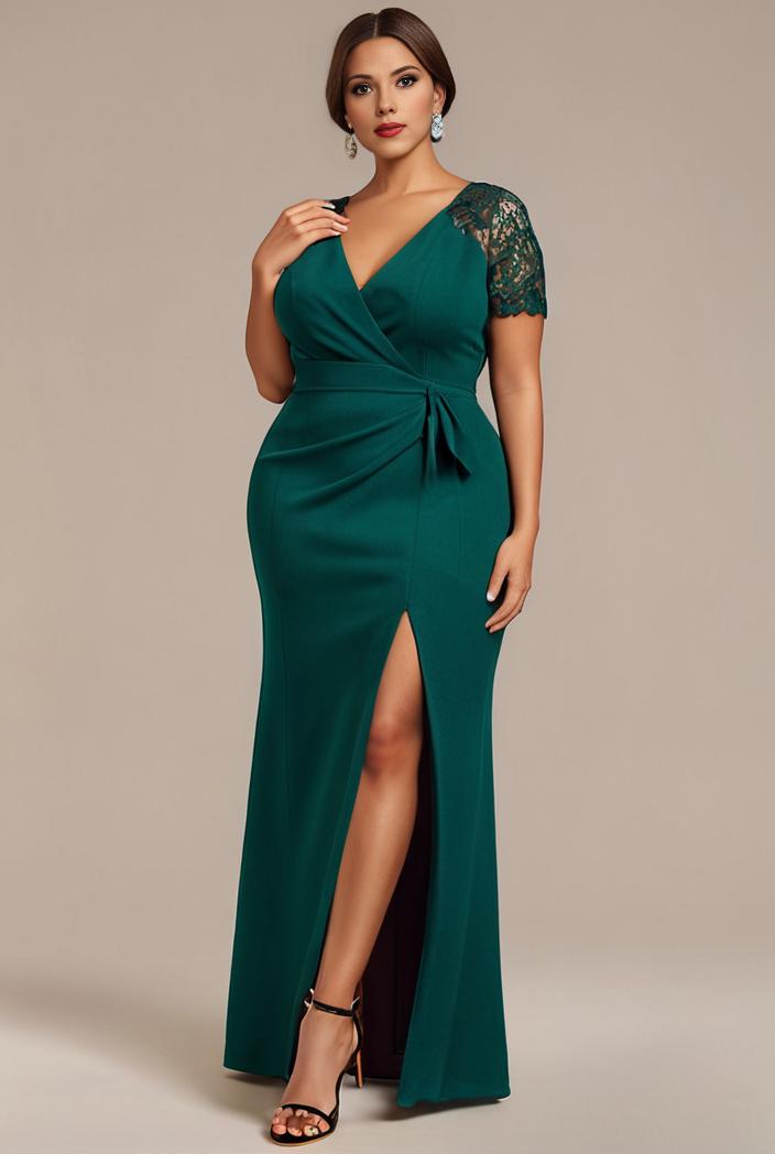 plus size front slit short sleeve with sequin mother of the bride dress 140157