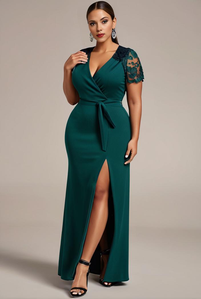plus size front slit short sleeve with sequin mother of the bride dress 140160