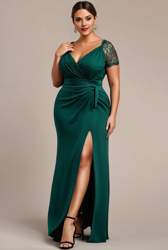 plus size front slit short sleeve with sequin mother of the bride dress 140162