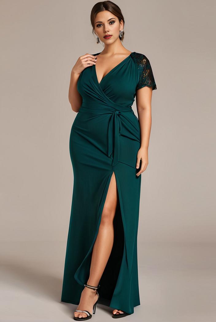 plus size front slit short sleeve with sequin mother of the bride dress 140159