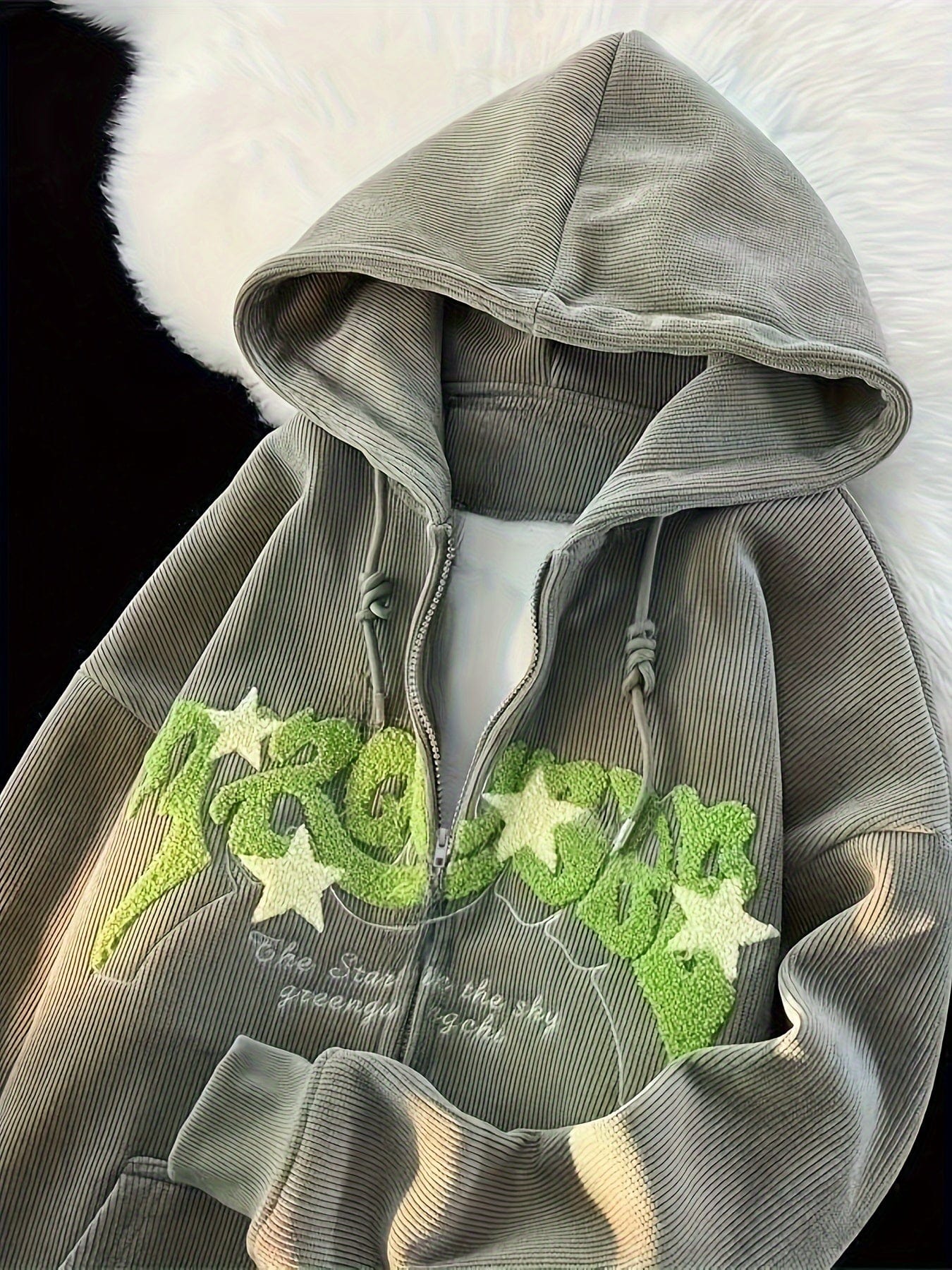 Stylish Zip Up Drawstring Letter Print Slant Pockets Hoodie