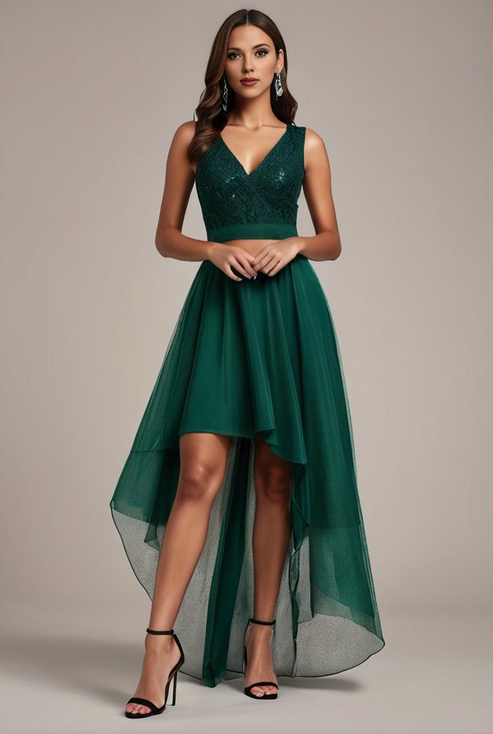 sequin bodice tulle high low evening dress with ribbon waist 144708