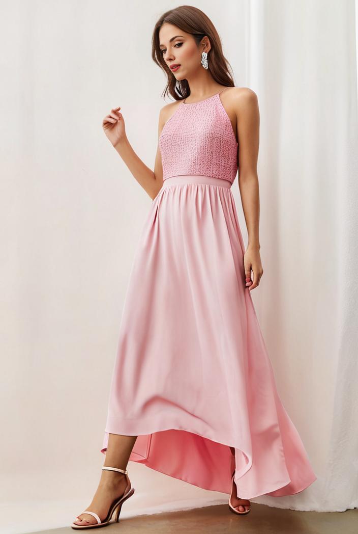 sequin bodice tulle high low evening dress with ribbon waist 144714