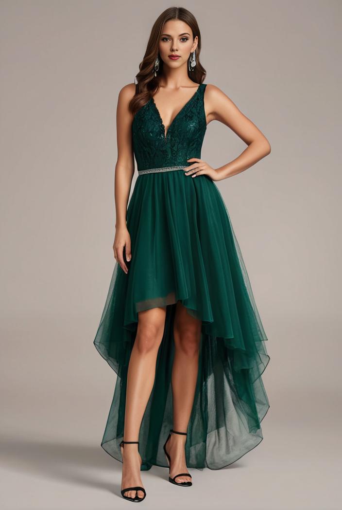 sequin bodice tulle high low evening dress with ribbon waist 144723