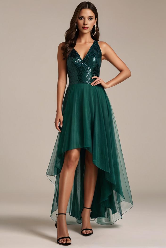 sequin bodice tulle high low evening dress with ribbon waist 144724