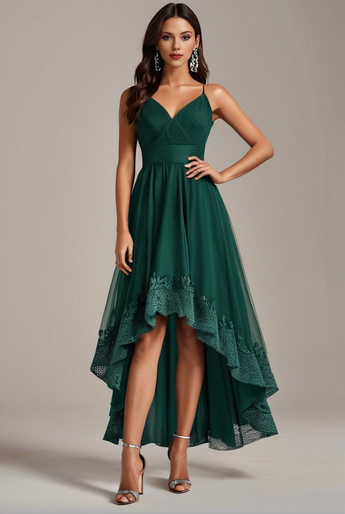 sequin bodice tulle high low evening dress with ribbon waist 144728