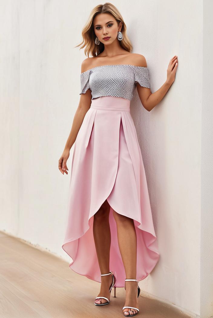 sequin bodice tulle high low evening dress with ribbon waist 144746