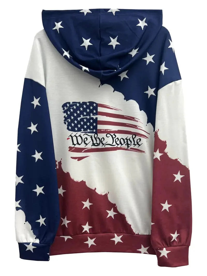 Hoodie with American Flag Print and Kangaroo Pocket, Women's Casual Long Sleeve Sweatshirt.