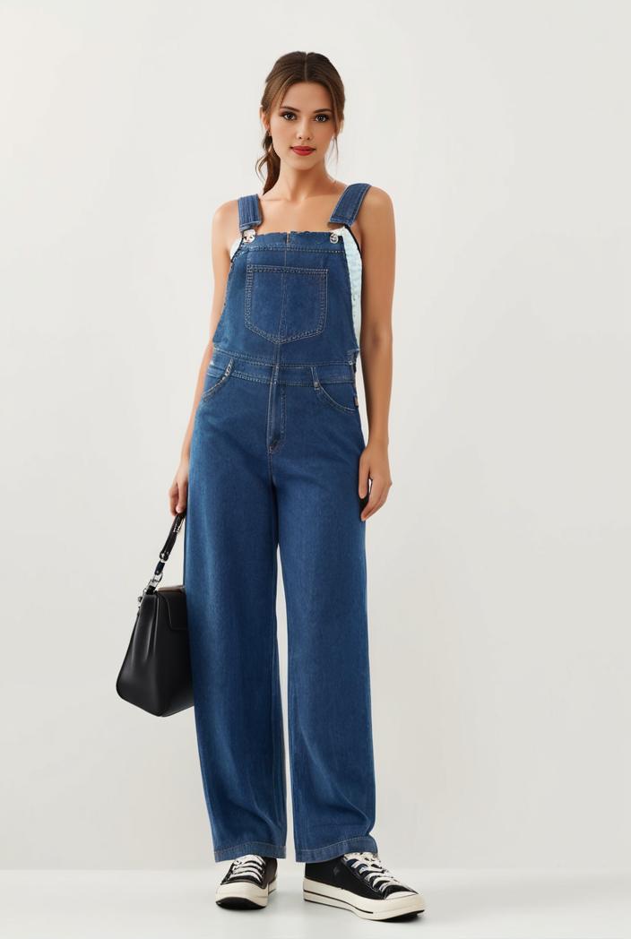 relaxed fit blue denim romper with slant pockets distressed denim coverall stylish women s denim outfit 111878
