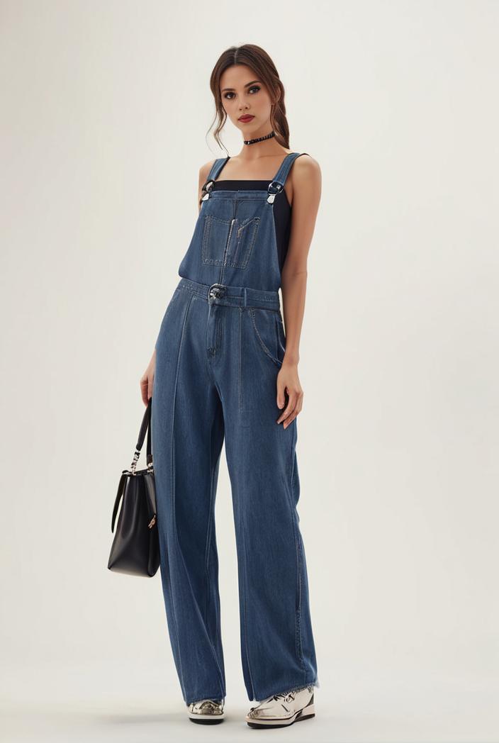 relaxed fit blue denim romper with slant pockets distressed denim coverall stylish women s denim outfit 111883