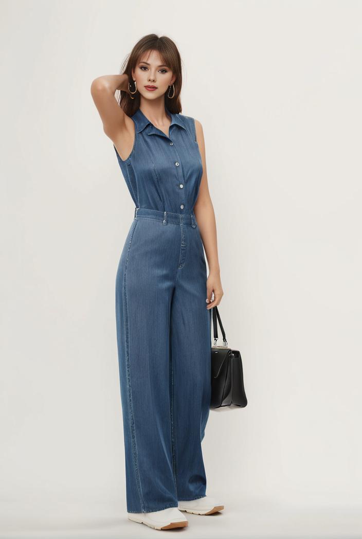 relaxed fit blue denim romper with slant pockets distressed denim coverall stylish women s denim outfit 111889